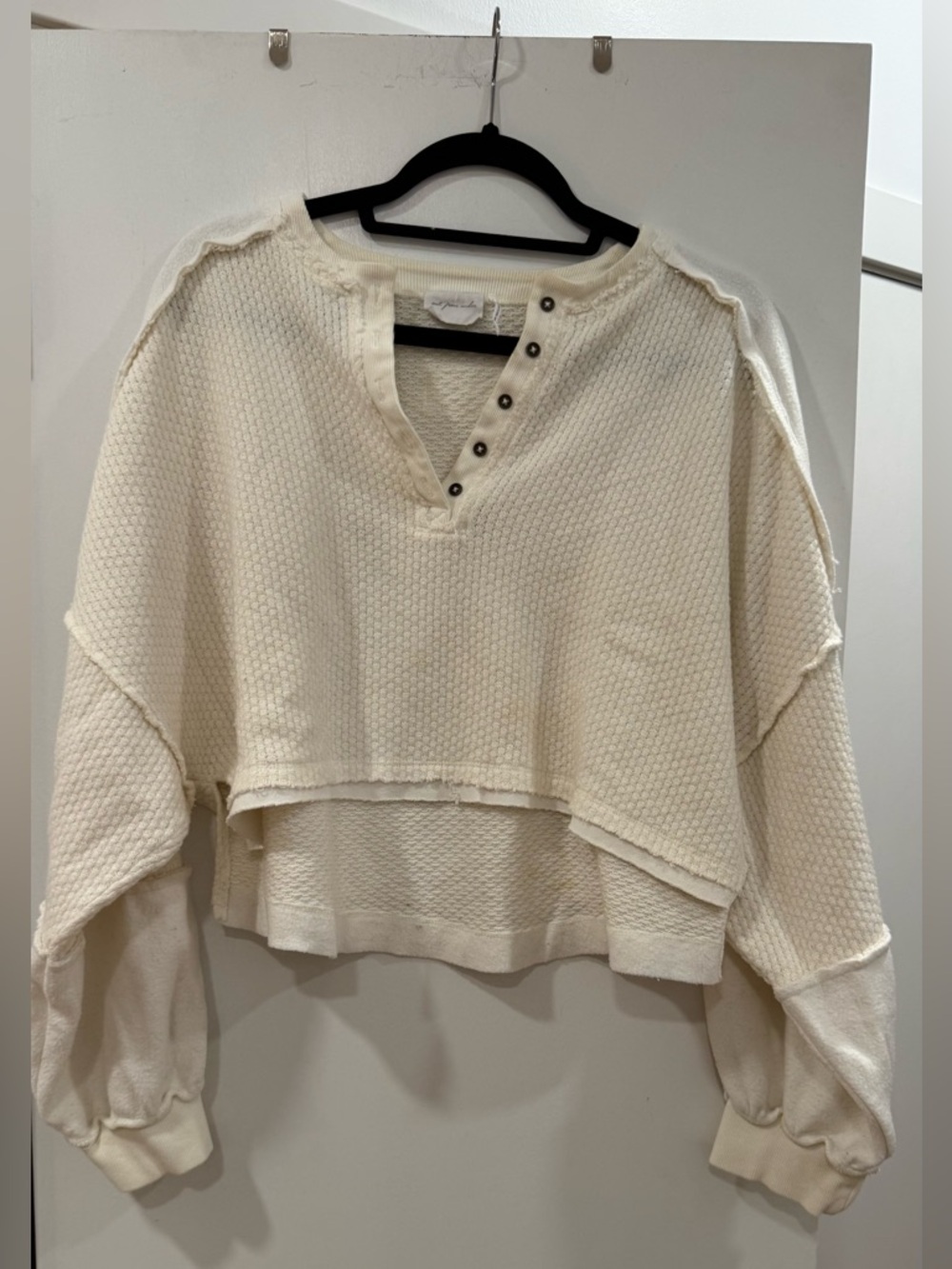 Urban Outfitters Cream Waffle-Knit Cropped Henley